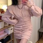 Long-sleeve Ruffled Ruched Mini Bodycon Dress Pink - One Size