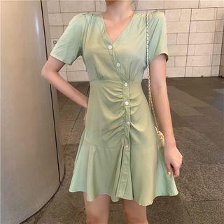 Plain V-neck Buttoned Dress