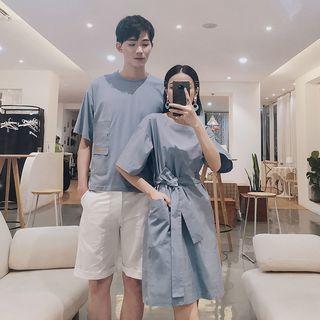 Couple Matching Short-sleeve Plain A-line Dress / T-shirt / Shorts