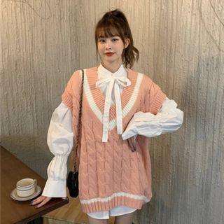 Bow Accent Blouse / Contrast Trim Sweater Vest