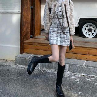 Plaid Tweed Cropped Vest / High-waist Mini Pencil Skirt / Set