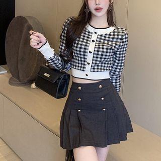 Long-sleeve Gingham Check Cropped Knit Top / Pleated Mini A-line Skirt