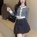 Long-sleeve Gingham Check Cropped Knit Top / Pleated Mini A-line Skirt