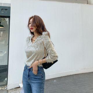 Puff-shoulder Fringed Velvet Top