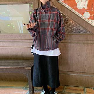 Plaid Panel Blazer / Plain Slit Skirt