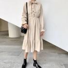 Long-sleeve Tie-neck Midi A-line Corduroy Dress