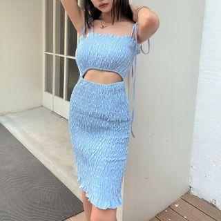 Spaghetti Strap Smocked Midi Sheath Dress