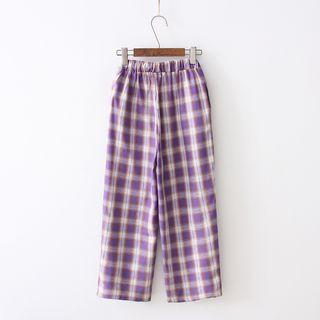 Dog Embroidered Plaid Wide-leg Pants