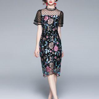 Short-sleeve Floral Embroidered Bodycon Dress
