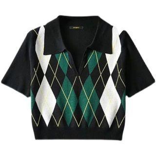 Elbow-sleeve Polo-neck Argyle Knit Top