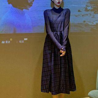 Long-sleeve Top / Sleeveless Plaid A-line Dress