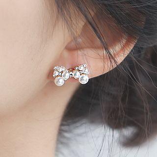 Rhinestone & Faux Pearl Bow Stud Earring