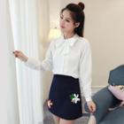 Set: Bow Accent Long Sleeve Chiffon Blouse + Flower Embroidered A-line Skirt