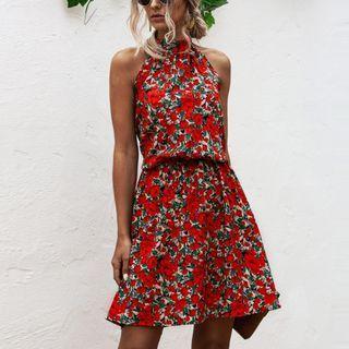 Sleeveless Halter Print Mini A-line Dress