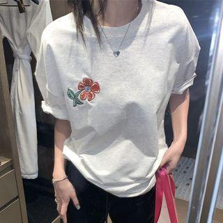 Elbow-sleeve Floral Embroidered T-shirt Red Flower - White - One Size
