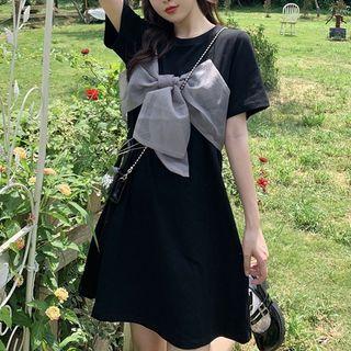 Short-sleeve Mesh Bow Mini A-line Dress