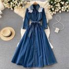 Lace Flower Panel Long-sleeve Denim A-line Dress