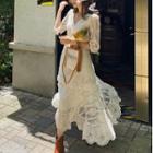 Elbow-sleeve Long-sleeve Midi Lace Dress