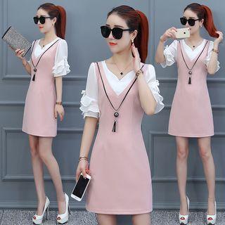 Short-sleeve Mock Two-piece Dress With Necklace