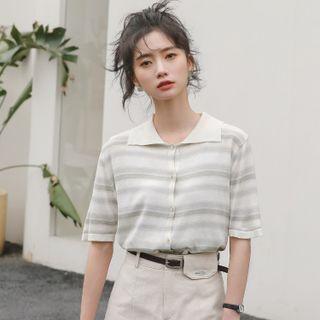 Short-sleeve Collared Striped Cardigan