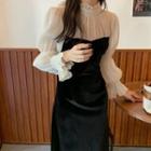 Long-sleeve Mock Two-piece Mock-neck Midi Dress Black & Almond - One Size
