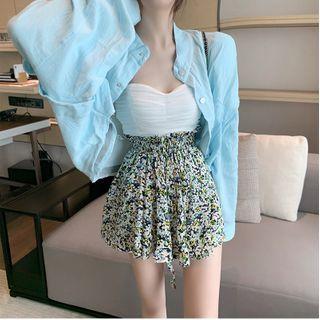 Long-sleeve Shirt / Tube Top / Floral Print Mini A-line Skirt