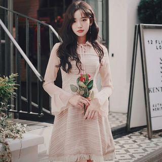 Bell-sleeve Chiffon Panel Fringed A-line Dress
