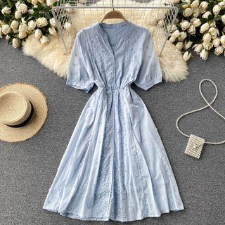 V-neck Petal-accent Short-sleeve Dress