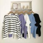 Color-block Perforated Crewneck Long-sleeve Knit Top