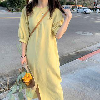 Elbow-sleeve Slit Midi A-line Dress