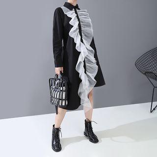 Long-sleeve Midi Mesh Panel Shirtdress