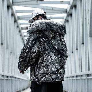 Camouflage Print Faux Fur Trim Hooded Zip Jacket