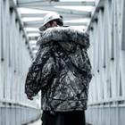 Camouflage Print Faux Fur Trim Hooded Zip Jacket