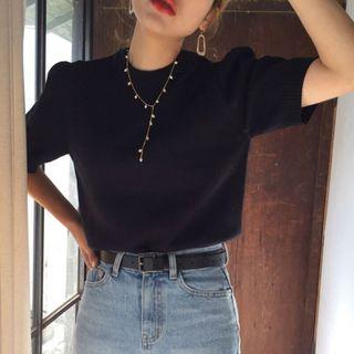 Short-sleeve Crew-neck Knit Top Black - One Size