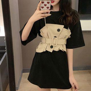 Set: Short-sleeve Tunic T-shirt + Shirred Cropped Camisole Top