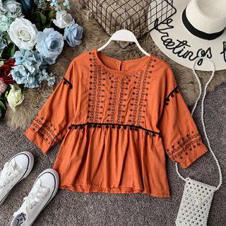 Pompom Detail Long-sleeve Embroidered Blouse