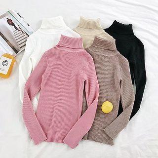 Plain Striped Mock-neck Slim-fit Long-sleeve Knit Top