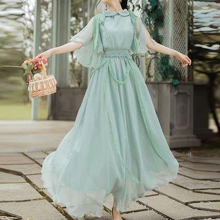 Elbow-sleeve Cut-out Maxi A-line Dress