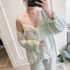 Set: Flower Embroidered Camisole Top + Long-sleeve Lace Up Top + Pants