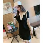Two-tone Short-sleeve Collared Knit Dress Black - One Size