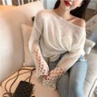 Long-sleeve Cold-shoulder Perforated Knit Top White - One Size