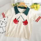 Short-sleeve Cherry Embroidered Collared Knit Top Almond - One Size