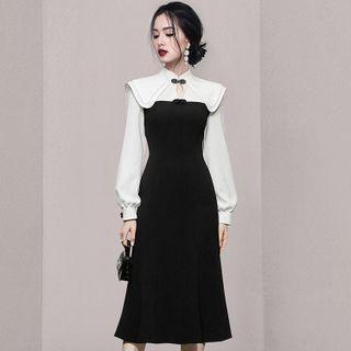 Mock Two-piece Long-sleeve Midi A-line Qipao Dress