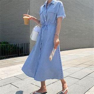 Pocket-detail Drawstring-waist Striped Shirtdress