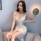 Flower Embroidered Short-sleeve Sheath Dress