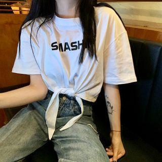Short-sleeve Letter Print Drawstring Cropped T-shirt