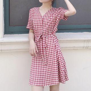 V-neck Plaid Short-sleeve A-line Dress