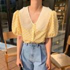 Layered Collar Floral Embroidered Short-sleeve Blouse Yellow - One Size