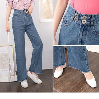Fray Hem Double-buttoned Wide-leg Jeans