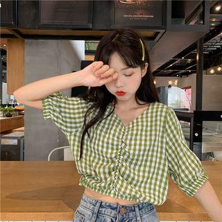 Gingham Elbow-sleeve V-neck Blouse